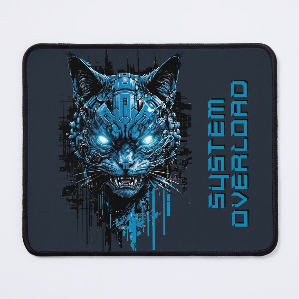 Item preview, Cyber Cat SYSTEM OVERLOAD - Futuristic Techno-Cat with Blue Neon Eyes designed and sold by QuirkySpark.