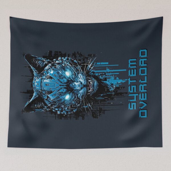 Item preview, Cyber Cat SYSTEM OVERLOAD - Futuristic Techno-Cat with Blue Neon Eyes designed and sold by QuirkySpark.