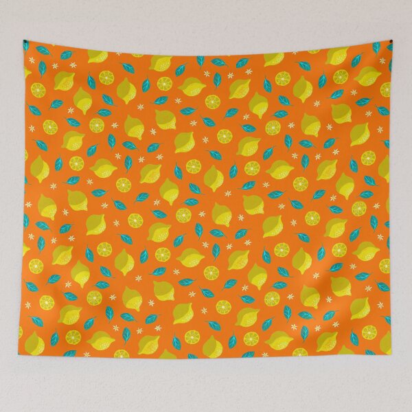 Item preview, Playful lemon blossom design on orange designed and sold by colorofmagic.