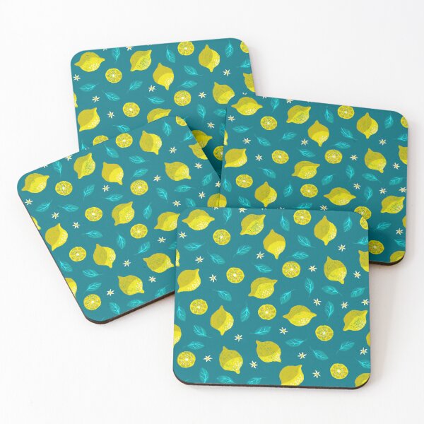 Item preview, Playful lemon blossom design on dark turquoise designed and sold by colorofmagic.