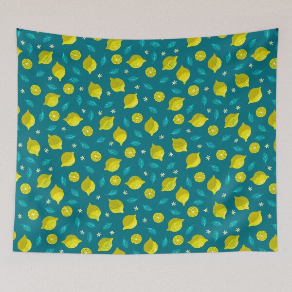 Item preview, Playful lemon blossom design on dark turquoise designed and sold by colorofmagic.