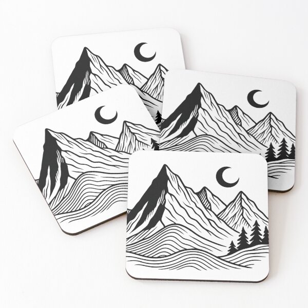 Item preview, Black and White Mountain Line Art with Crescent Moon designed and sold by Wandertrace.