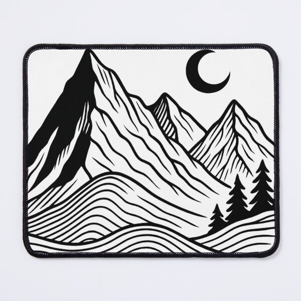 Item preview, Black and White Mountain Line Art with Crescent Moon designed and sold by Wandertrace.