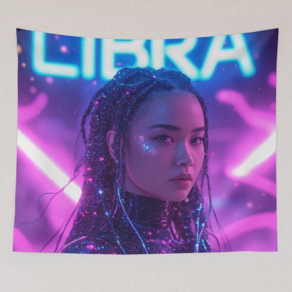 Item preview, Libra Zodiac Sign – Neon Harmony Beauty | Pink and Blue Cyberpunk Art designed and sold by ArtiQreate.