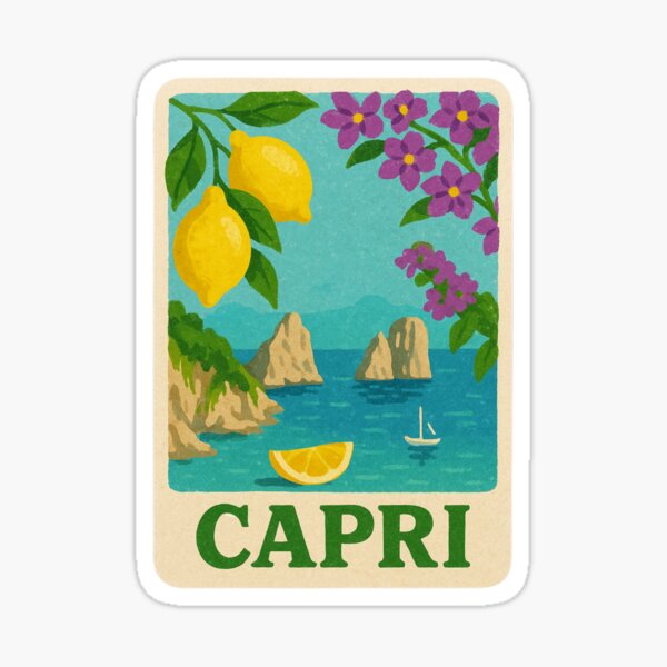 Vista previa del artículo con la obra «Capri, Italia – Arte de viajes vintage | Limones, mar y el arco de roca Faraglioni», diseñado y vendido por Passegiata Prints.