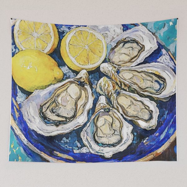 Item preview, Oysters with Lemons on Blue Plate Watercolor designed and sold by Janine Aykens.