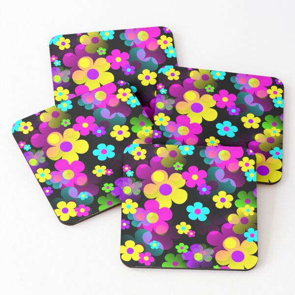 Item preview, 60's Retro Mod Small Flowers Multi on Black designed and sold by MellowCat.