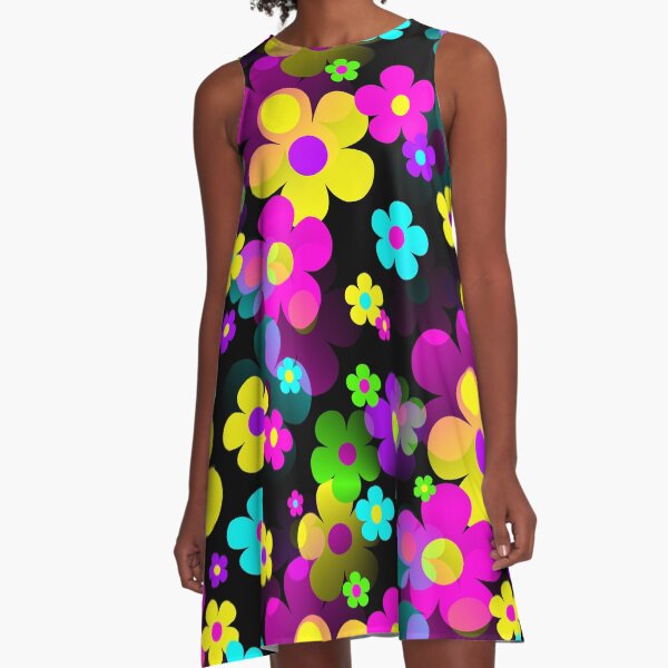 Item preview, 60's Retro Mod Small Flowers Multi on Black designed and sold by MellowCat.