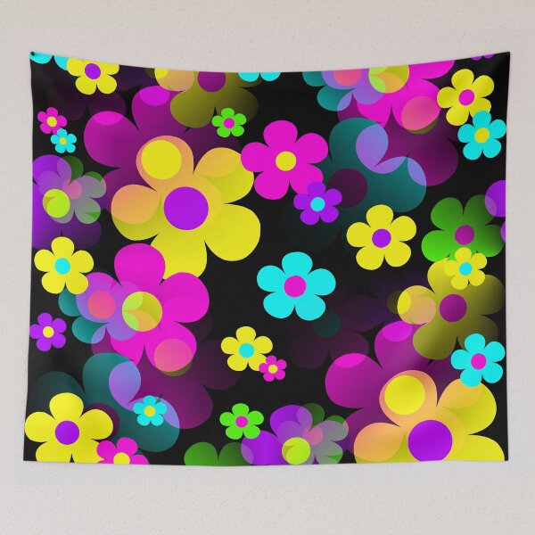 Item preview, 60's Retro Mod Small Flowers Multi on Black designed and sold by MellowCat.