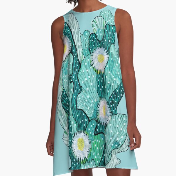 Blooming Cactus Flowers, Abstract Floral, Turquoise Teal White A-Line Dress