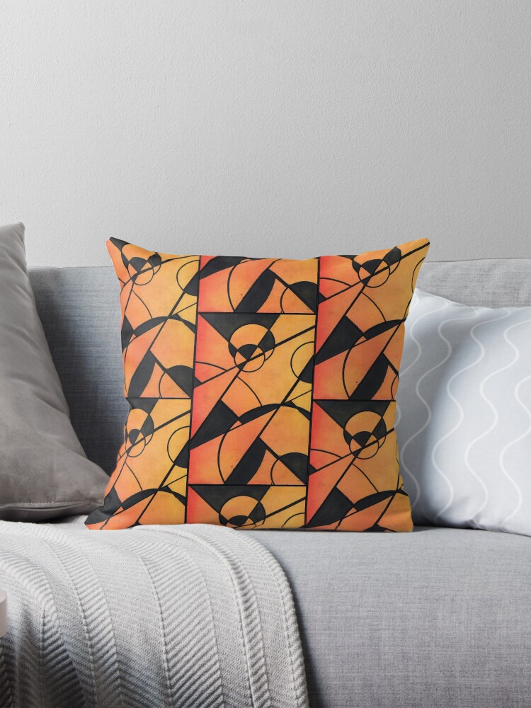 Thumbnail 1 of 4, Pillow, Equinox Radiance: Orange Gradient with Black Geometrics designed and sold by WatercolourJAMs.