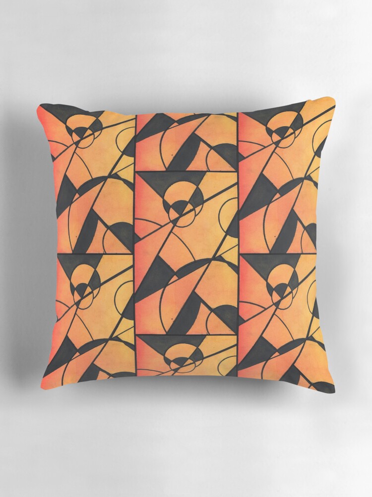 Thumbnail 3 of 4, Pillow, Equinox Radiance: Orange Gradient with Black Geometrics designed and sold by WatercolourJAMs.