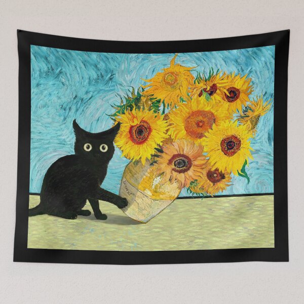 Item preview, Black Cat Knocking Over Van Gogh Sunflowers Vase Funny Posters Mugs Tees Hoodies Stickers Pins Magnets Cat Swatting Still Life Flowers Cats Comedy Van Gogh Prints designed and sold by allfreelance.