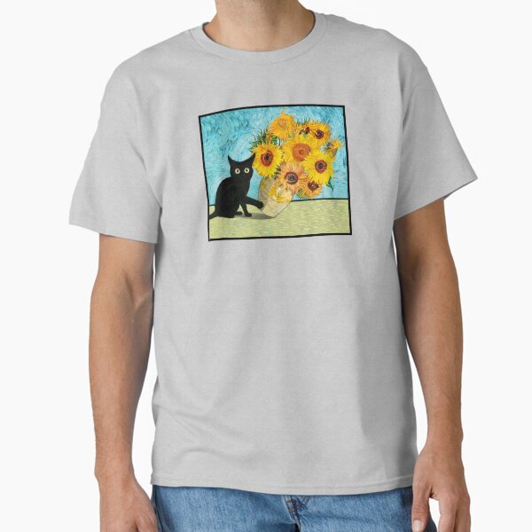 Aperçu de l'œuvre Chat noir renversant un vase de tournesols de Van Gogh, affiches humoristiques, tasses, t-shirts, sweats à capuche, autocollants, épingles, aimants, chat frappant nature morte, fleurs, chats, comédie, impressions de Van Gogh créée et vendue par allfreelance.
