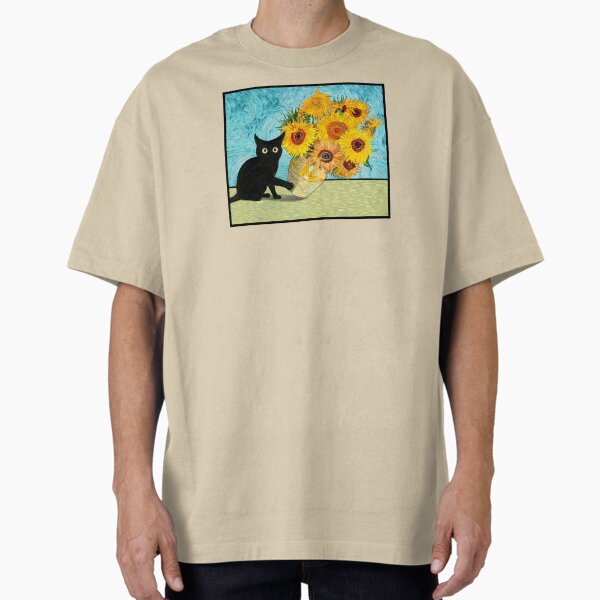 Item preview, Black Cat Knocking Over Van Gogh Sunflowers Vase Funny Posters Mugs Tees Hoodies Stickers Pins Magnets Cat Swatting Still Life Flowers Cats Comedy Van Gogh Prints designed and sold by allfreelance.