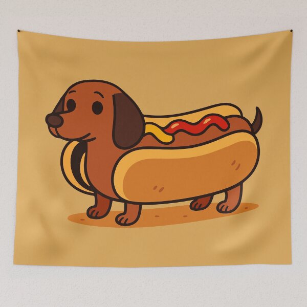 Item preview, An adorable dachshund between two buns with ketchup and mustard designed and sold by TheNewPixel.
