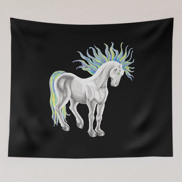 Item preview, Fantasy Horse Pencil Art – Vibrant Multicolor Mane on Black Background designed and sold by DLawsonDesigns.