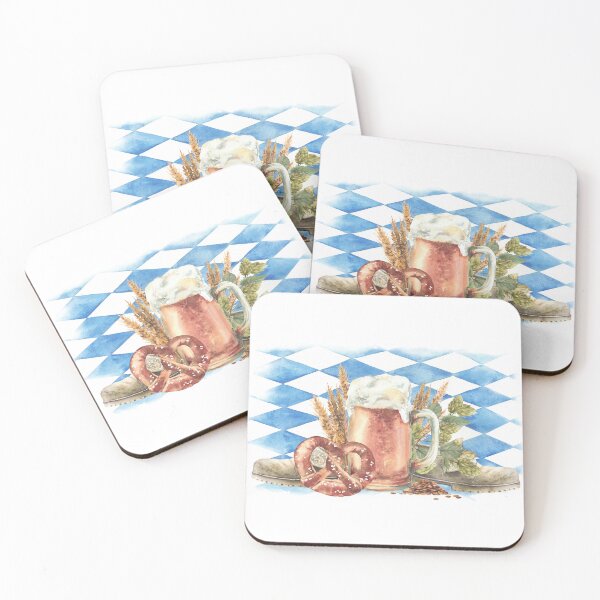 Item preview, Oktoberfest beer mug, German traditional salted pretzel, green hops, golden wheat and shoe on Bavarian Flag background. Watercolor designed and sold by BartolArt.