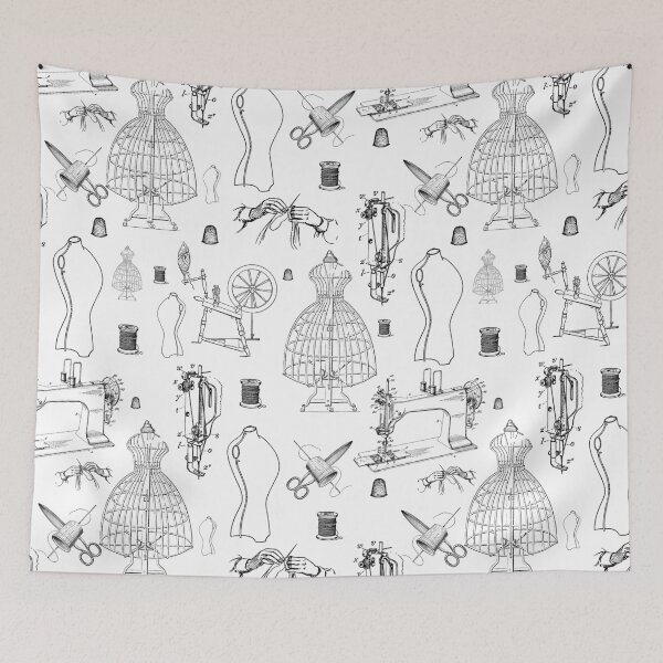 Item preview, victorian mannequin antique sewing machine black white toile  designed and sold by Gossip Rag.