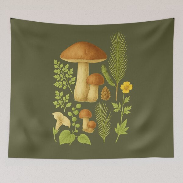 Artikelvorschau, Pilz Steinpilz und Kiefer Blumen botanische Zeichnung entworfen und verkauft von TooLazyToBrand.