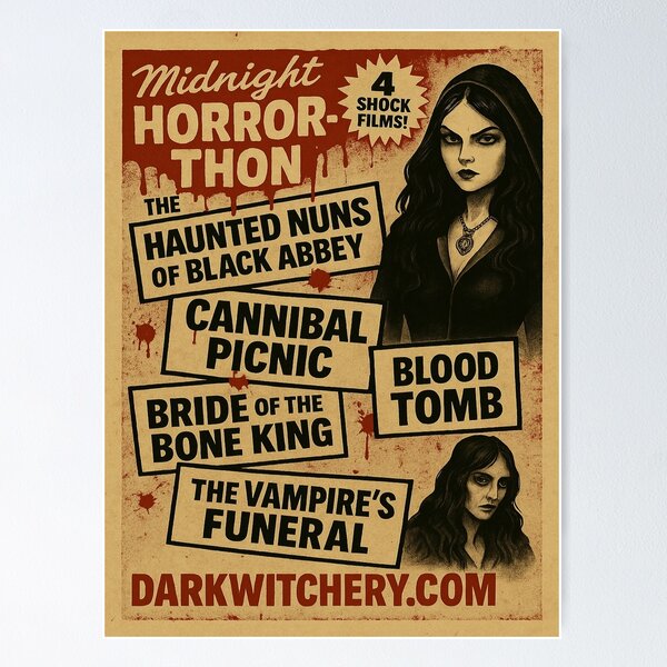 Item preview, Midnight Horror-Thon / Retro Grindhouse Horror Poster designed and sold by Dark Witchery.