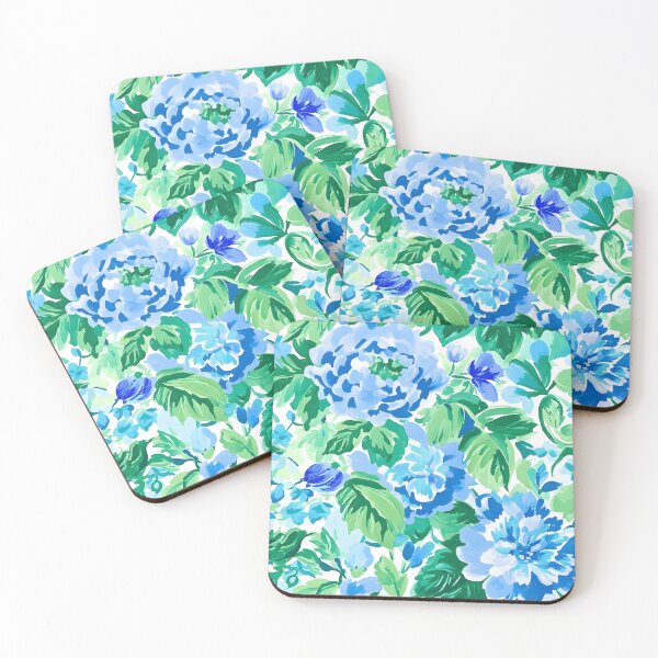 Item preview, Preppy, grandmillennial peonies toile in blue and green designed and sold by SophieClimaArt.