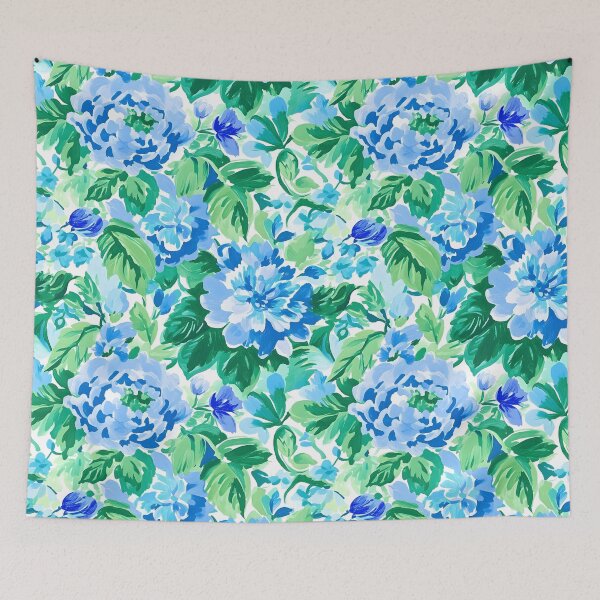 Item preview, Preppy, grandmillennial peonies toile in blue and green designed and sold by SophieClimaArt.