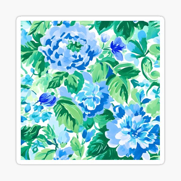 Item preview, Preppy, grandmillennial peonies toile in blue and green designed and sold by SophieClimaArt.