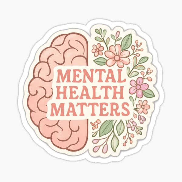Item preview, Autocollant « La santé mentale est importante » – Illustration d'un cerveau et de fleurs pour la sensibilisation au bien-être mental designed and sold by Mariposa-Meadow.