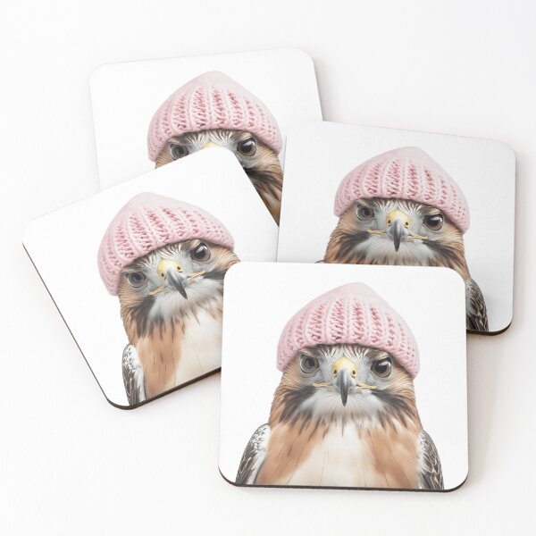 Item preview, Cozy Red-tailed Hawk Wearing Pink Winter Hat Trendy Animal Fashion Artwork designed and sold by LazyOwlStore.