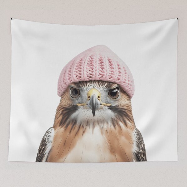 Item preview, Cozy Red-tailed Hawk Wearing Pink Winter Hat Trendy Animal Fashion Artwork designed and sold by LazyOwlStore.