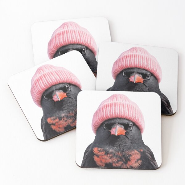 Item preview, Cozy Red-winged Blackbird Wearing Pink Winter Hat Trendy Animal Fashion Artwork designed and sold by LazyOwlStore.
