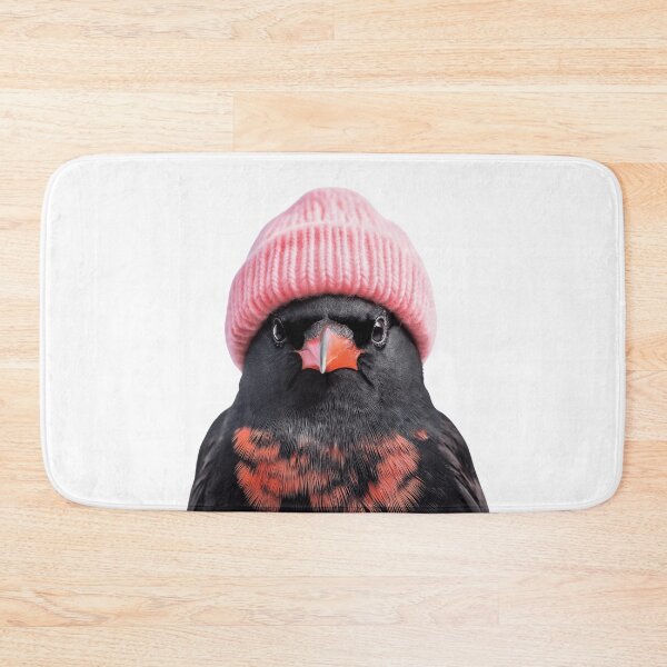 Item preview, Cozy Red-winged Blackbird Wearing Pink Winter Hat Trendy Animal Fashion Artwork designed and sold by LazyOwlStore.