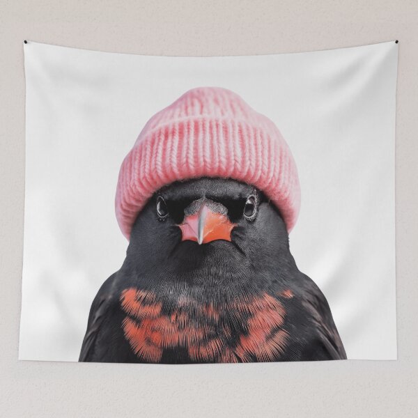 Item preview, Cozy Red-winged Blackbird Wearing Pink Winter Hat Trendy Animal Fashion Artwork designed and sold by LazyOwlStore.