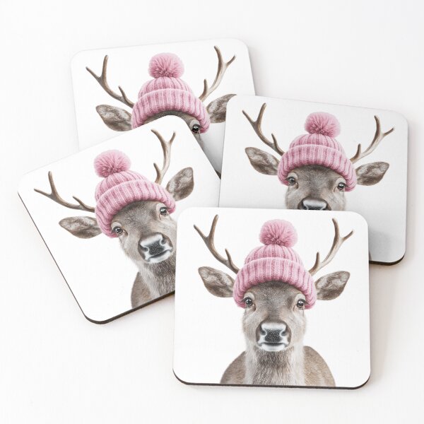 Item preview, Cozy Reindeer Wearing Pink Winter Hat Trendy Animal Fashion Artwork designed and sold by LazyOwlStore.