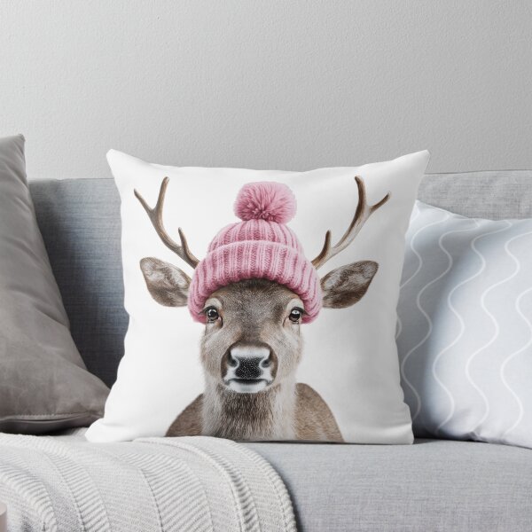 Item preview, Cozy Reindeer Wearing Pink Winter Hat Trendy Animal Fashion Artwork designed and sold by LazyOwlStore.