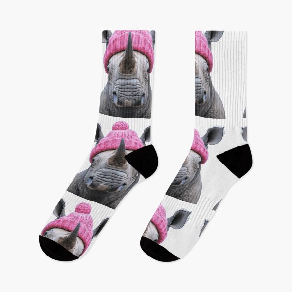 Item preview, Cozy Rhinoceros Wearing Pink Winter Hat Trendy Animal Fashion Artwork designed and sold by LazyOwlStore.