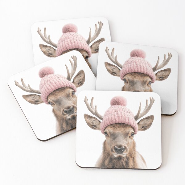 Item preview, Cozy Rocky Mountain Elk Wearing Pink Winter Hat Trendy Animal Fashion Artwork designed and sold by LazyOwlStore.