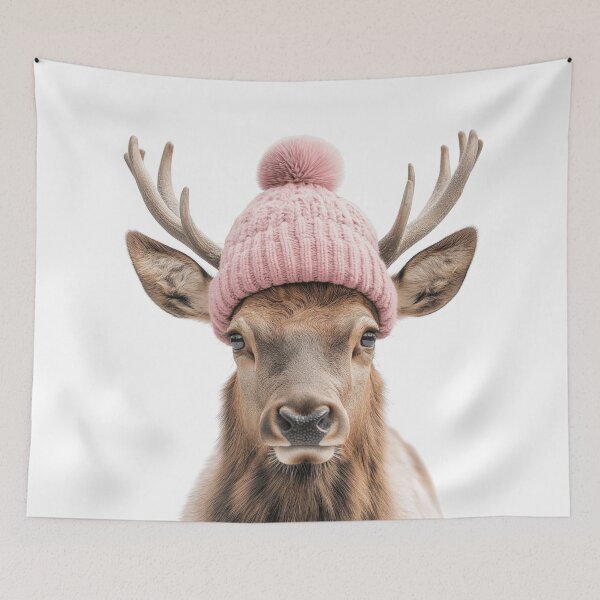 Item preview, Cozy Rocky Mountain Elk Wearing Pink Winter Hat Trendy Animal Fashion Artwork designed and sold by LazyOwlStore.