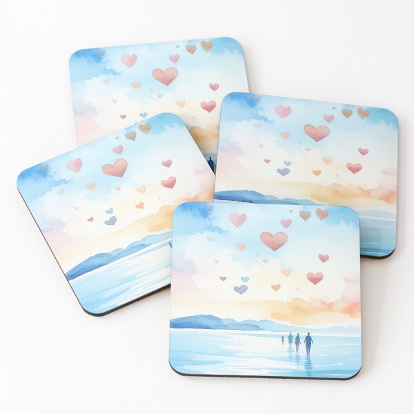 Item preview, Watercolor family walk by the sea, hearts in the sky designed and sold by angel-cat-22.
