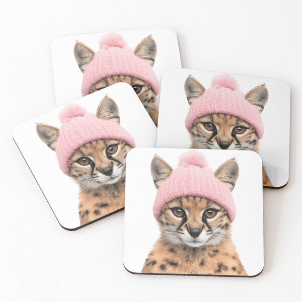 Item preview, Cozy Serval Wearing Pink Winter Hat Trendy Animal Fashion Artwork designed and sold by LazyOwlStore.