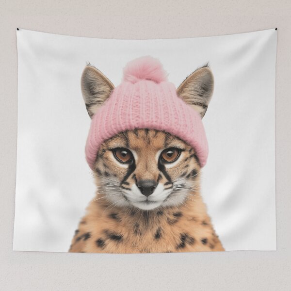 Item preview, Cozy Serval Wearing Pink Winter Hat Trendy Animal Fashion Artwork designed and sold by LazyOwlStore.