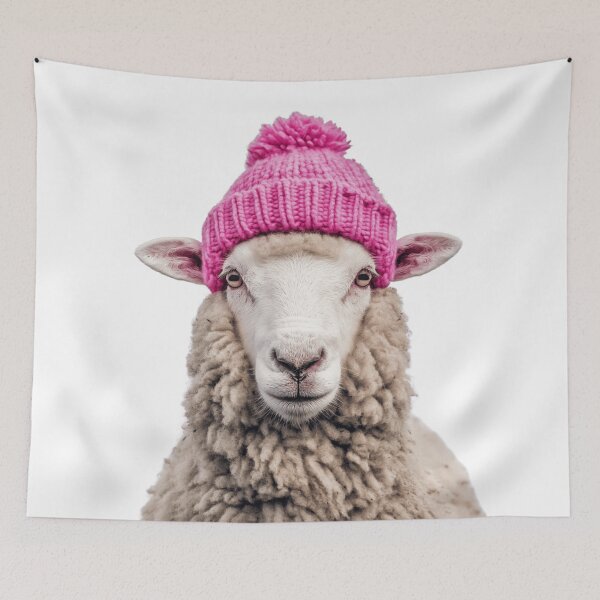 Item preview, Cozy Sheep Wearing Pink Winter Hat Trendy Animal Fashion Artwork designed and sold by LazyOwlStore.