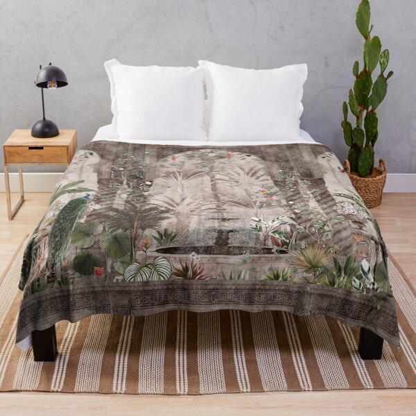 Item preview, Patrón de jardín Islam arco templos en bosque papel tapiz flores árboles plantas pájaros mariposas fondo beige designed and sold by hAITHAM1985.