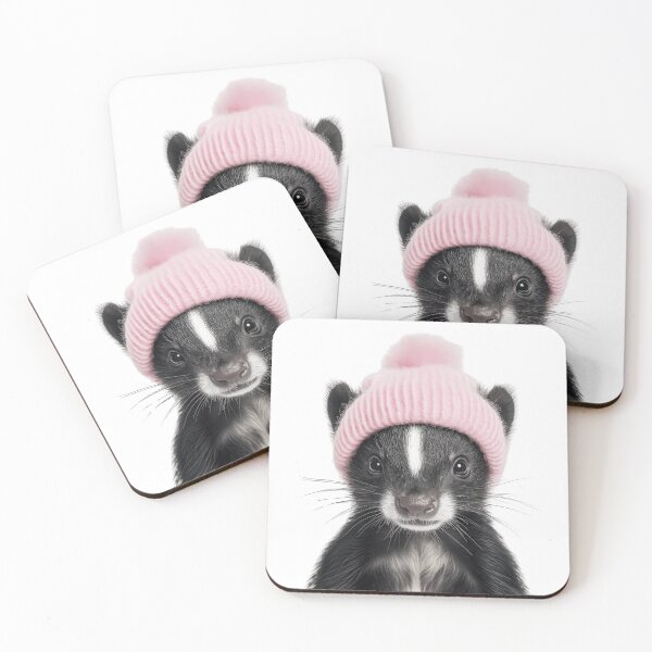 Item preview, Cozy Skunk Wearing Pink Winter Hat Trendy Animal Fashion Artwork designed and sold by LazyOwlStore.