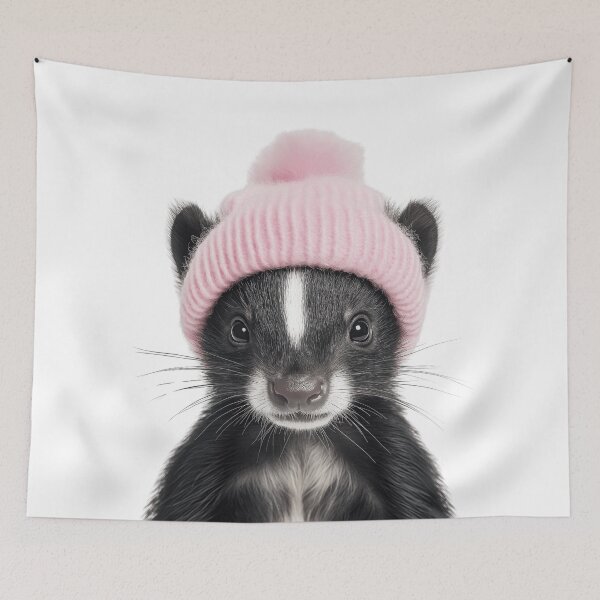 Item preview, Cozy Skunk Wearing Pink Winter Hat Trendy Animal Fashion Artwork designed and sold by LazyOwlStore.