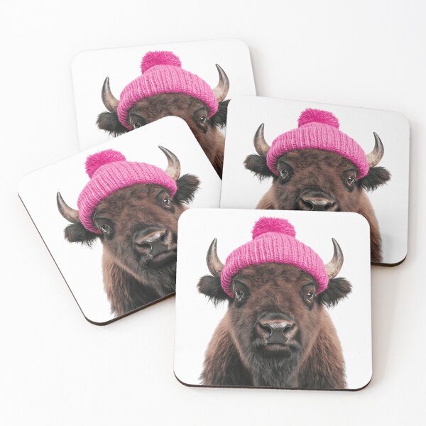 Item preview, Cozy Bison Wearing Pink Winter Hat Trendy Animal Fashion Artwork designed and sold by LazyOwlStore.