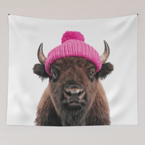 Item preview, Cozy Bison Wearing Pink Winter Hat Trendy Animal Fashion Artwork designed and sold by LazyOwlStore.