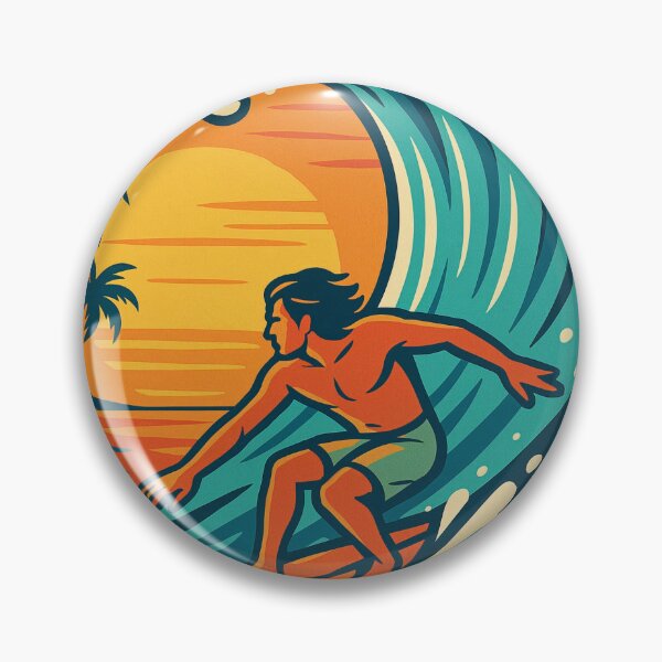Item preview, Surfer riding a giant wave with the sun setting behind, bold vector lines, tropical color palette, dynamic pose designed and sold by Retram.