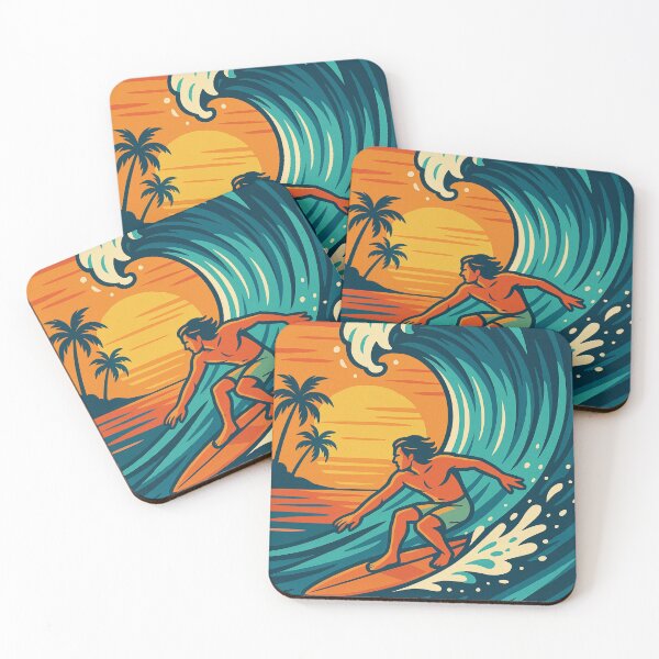 Item preview, Surfer riding a giant wave with the sun setting behind, bold vector lines, tropical color palette, dynamic pose designed and sold by Retram.